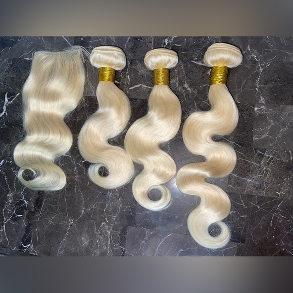 613 Blonde 12” 4x4 Lace Closure And 1214 & 16” Human Hair Bundles